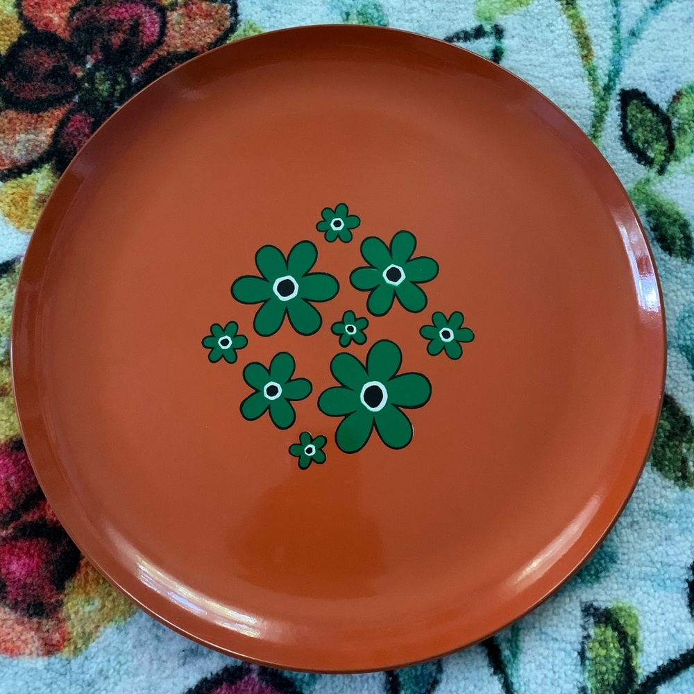 Vintage 70s Orange Floral Lacquer Tray